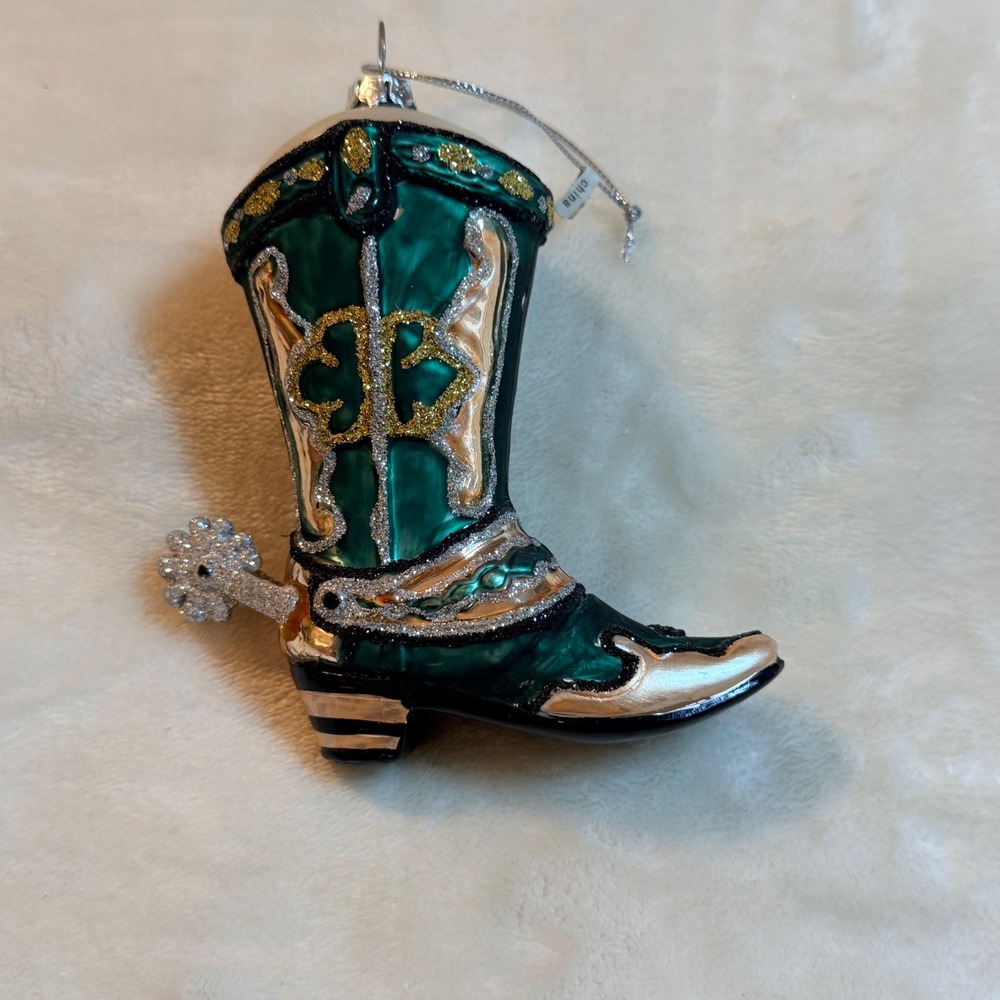 Green and Gold Glass Cowboy Boot Christmas Ornament with Silver Spur Glitter